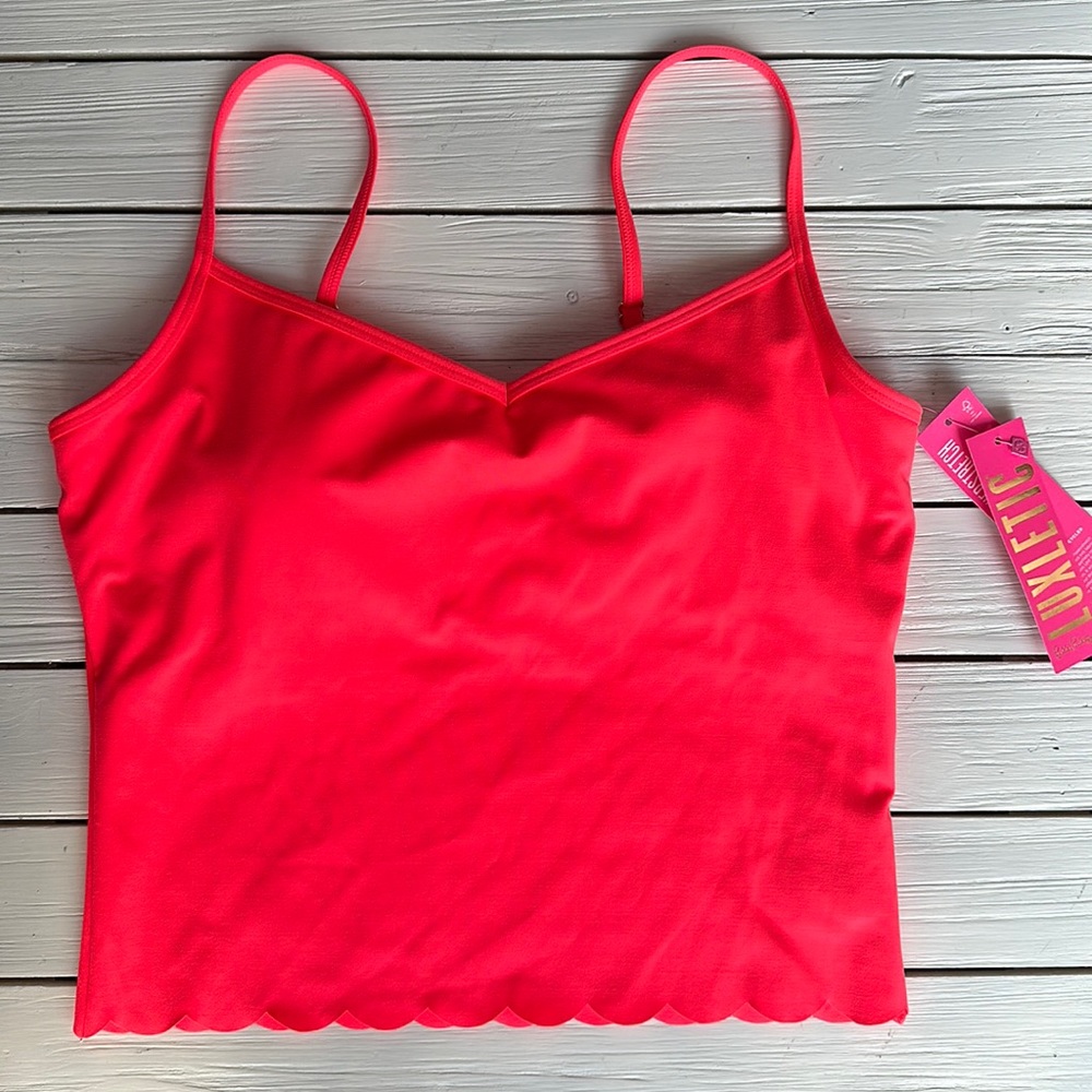 NWT Lilly Pulitzer Luxletic Cassis Scallop Tank Top in Spicy Coral size L - Picture 2 of 5